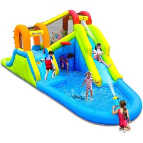 Inflatable Water Slide with Air Blower, Water Park for Kids Backyard, Blow Up Water Slide with 2 Slide, 2 Climbing Wall, Basketball Hoop, Water Cannon and Splash Pool