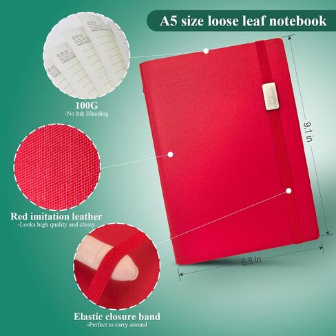 A5 Binder Binder Notebook - Hardcover الأنيق ، 160 صفحة من ورقة سميكة 100 جرام ، تصميم 6 حلقات مع حلقة القلم وجيوب - مثالية للكتابة والسفر والعمل والمدرسة (أحمر) in Kuwait