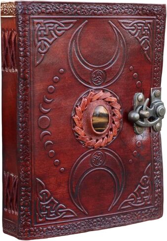 A5 Brown Triple Moon Leather Journal | Tigers Eye Stone on Top | 200 Vintage pages- leakproof | Brass C Lock Closure| Pure Leather Journal | in Saudi Arabia