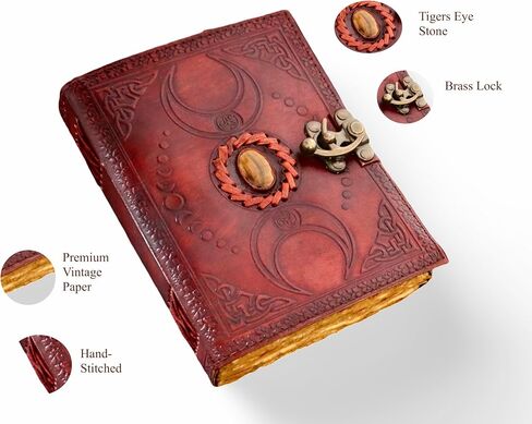 A5 Brown Triple Moon Leather Journal | Tigers Eye Stone on Top | 200 Vintage pages- leakproof | Brass C Lock Closure| Pure Leather Journal | in Saudi Arabia