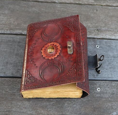 A5 Brown Triple Moon Leather Journal | Tigers Eye Stone on Top | 200 Vintage pages- leakproof | Brass C Lock Closure| Pure Leather Journal | in Saudi Arabia