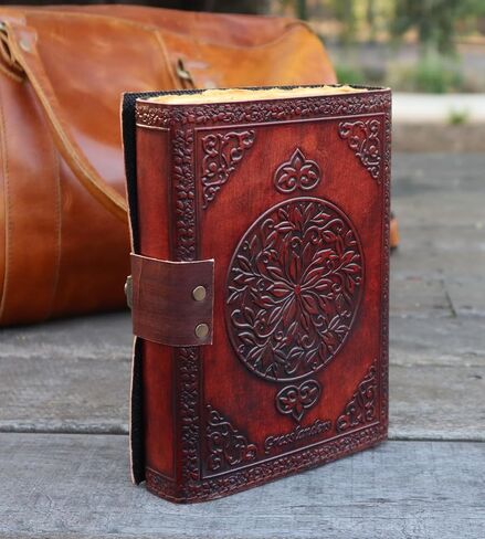 A5 Brown Triple Moon Leather Journal | Tigers Eye Stone on Top | 200 Vintage pages- leakproof | Brass C Lock Closure| Pure Leather Journal | in Saudi Arabia