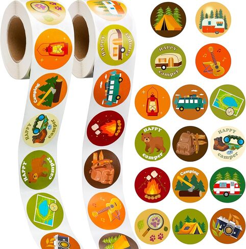 A1diee 1000Pcs Travel Camping Stickers in 2 Rolls Happy Camper Tent Bonfire Guitar Map Camera Travel Bag Car Themed Self Adhesive Decals for Birthday Gifts Bag Party Supplies School Activity Reward in Kuwait