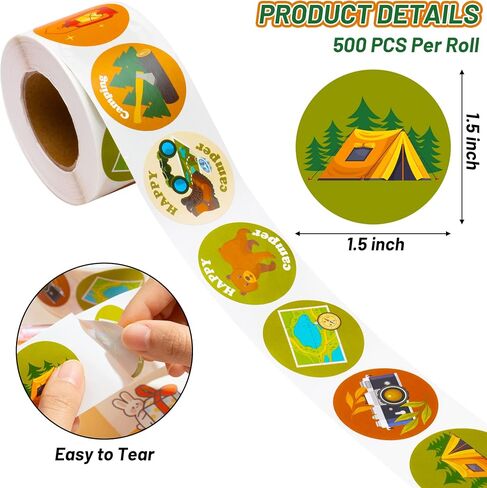 A1diee 1000Pcs Travel Camping Stickers in 2 Rolls Happy Camper Tent Bonfire Guitar Map Camera Travel Bag Car Themed Self Adhesive Decals for Birthday Gifts Bag Party Supplies School Activity Reward in Kuwait