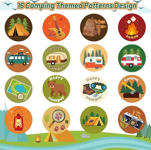 A1diee 1000Pcs Travel Camping Stickers in 2 Rolls Happy Camper Tent Bonfire Guitar Map Camera Travel Bag Car Themed Self Adhesive Decals for Birthday Gifts Bag Party Supplies School Activity Reward in Kuwait
