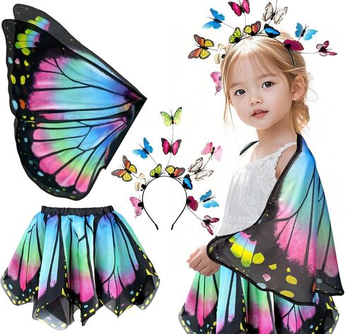 iROLEWIN Kids Toddler Butterfly-Wings-Costume for Girls Fairy-Wings Tutu Headband as Princess Dress-Up Toys Birthday Gifts 3+ in Kuwait