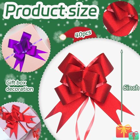 40 Pcs Glitter Pull Bows,6 inch Wide Gift Bow for Gift Wrapping,Large Pull Bows for Gift Baskets,Plastic Pull Bows for Wedding Gift Boxes Florist Packaging(Red) in Kuwait