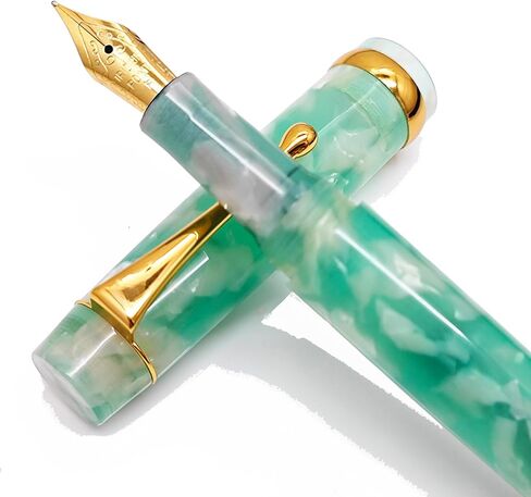 Luxury Writing Fountain Pen Set, Light Green Acrylic Marble,Medium Nib, Refillable Ink Converter, Ink Cartridge (Blue/Black) Gift Box in Saudi Arabia