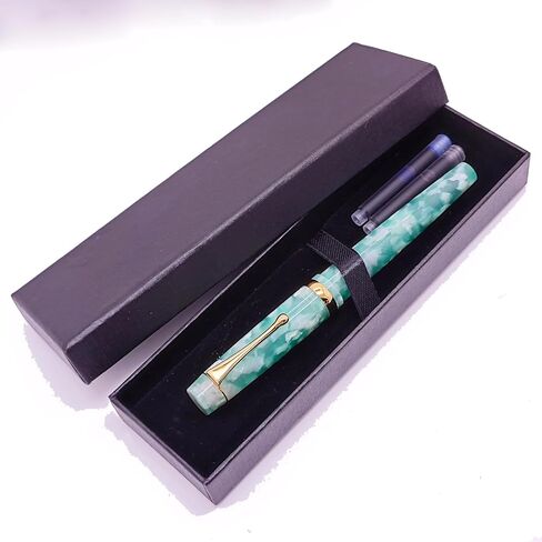 Luxury Writing Fountain Pen Set, Light Green Acrylic Marble,Medium Nib, Refillable Ink Converter, Ink Cartridge (Blue/Black) Gift Box in Saudi Arabia