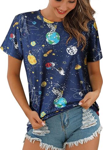 Ezcosplay Women Short Sleeve Space Shuttle Astronaut Universe Galaxy T-Shirt Graphic Shirt Casual Tee Tops in Kuwait