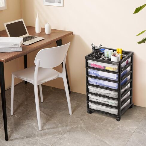 VEVOR Scrapbook Rolling Storage Cart, 6-Tier Large Capacity with Organizer Top, Black Frame with 6 Clear Cases and 4 Removable Wheels, Storage Organizer Rolling Cart for Arts and Crafts Supplies in Saudi Arabia