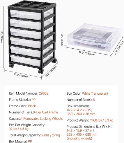 VEVOR Scrapbook Rolling Storage Cart, 6-Tier Large Capacity with Organizer Top, Black Frame with 6 Clear Cases and 4 Removable Wheels, Storage Organizer Rolling Cart for Arts and Crafts Supplies in Saudi Arabia