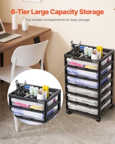 VEVOR Scrapbook Rolling Storage Cart, 6-Tier Large Capacity with Organizer Top, Black Frame with 6 Clear Cases and 4 Removable Wheels, Storage Organizer Rolling Cart for Arts and Crafts Supplies in Saudi Arabia