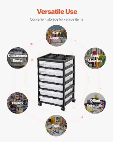VEVOR Scrapbook Rolling Storage Cart, 6-Tier Large Capacity with Organizer Top, Black Frame with 6 Clear Cases and 4 Removable Wheels, Storage Organizer Rolling Cart for Arts and Crafts Supplies in Saudi Arabia