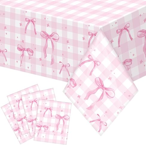 Oudain 4 Pcs Coquette Pink Bow Tablecloth Pink Gingham Tablecloth 87 x 51 in Checkered Bow Table Cloth Disposable Rectangle Waterproof Plaid Plastic Table Covers for Picnic Birthday Party in Saudi Arabia