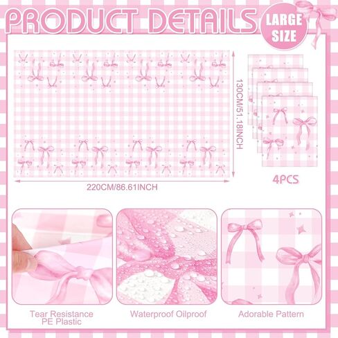 Oudain 4 Pcs Coquette Pink Bow Tablecloth Pink Gingham Tablecloth 87 x 51 in Checkered Bow Table Cloth Disposable Rectangle Waterproof Plaid Plastic Table Covers for Picnic Birthday Party in Saudi Arabia