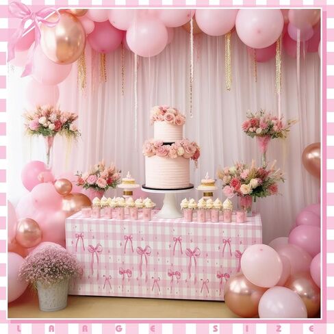 Oudain 4 Pcs Coquette Pink Bow Tablecloth Pink Gingham Tablecloth 87 x 51 in Checkered Bow Table Cloth Disposable Rectangle Waterproof Plaid Plastic Table Covers for Picnic Birthday Party in Saudi Arabia