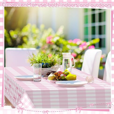 Oudain 4 Pcs Coquette Pink Bow Tablecloth Pink Gingham Tablecloth 87 x 51 in Checkered Bow Table Cloth Disposable Rectangle Waterproof Plaid Plastic Table Covers for Picnic Birthday Party in Saudi Arabia