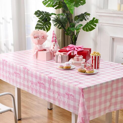 Oudain 4 Pcs Coquette Pink Bow Tablecloth Pink Gingham Tablecloth 87 x 51 in Checkered Bow Table Cloth Disposable Rectangle Waterproof Plaid Plastic Table Covers for Picnic Birthday Party in Saudi Arabia