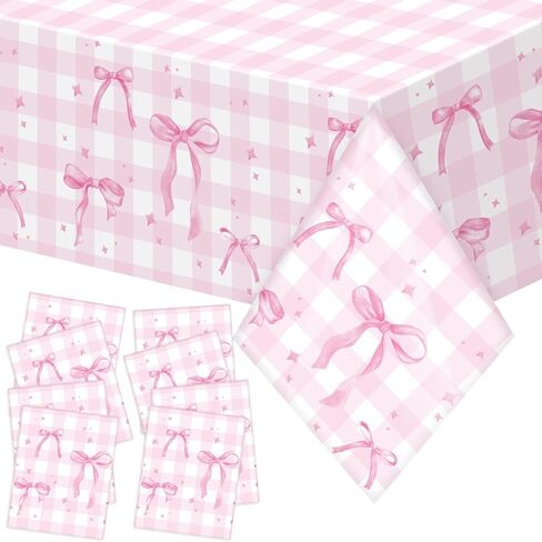 Oudain 4 Pcs Coquette Pink Bow Tablecloth Pink Gingham Tablecloth 87 x 51 in Checkered Bow Table Cloth Disposable Rectangle Waterproof Plaid Plastic Table Covers for Picnic Birthday Party in Saudi Arabia