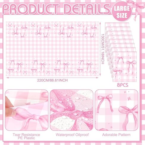 Oudain 4 Pcs Coquette Pink Bow Tablecloth Pink Gingham Tablecloth 87 x 51 in Checkered Bow Table Cloth Disposable Rectangle Waterproof Plaid Plastic Table Covers for Picnic Birthday Party in Saudi Arabia