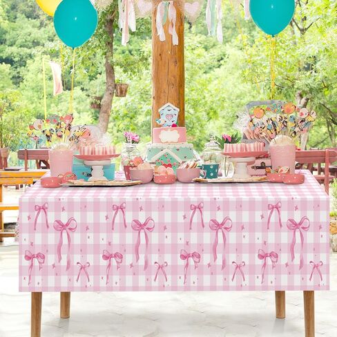 Oudain 4 Pcs Coquette Pink Bow Tablecloth Pink Gingham Tablecloth 87 x 51 in Checkered Bow Table Cloth Disposable Rectangle Waterproof Plaid Plastic Table Covers for Picnic Birthday Party in Saudi Arabia
