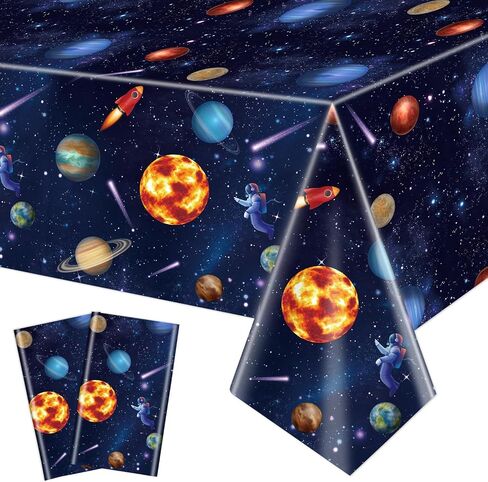 2 Pack Outer Space Party Tablecloths, Solar System Table Covers, 51x87'' Plastic Disposable Rectangle Planet Cover for Kids Space Theme Birthday Decorations, Galaxy Supplies in Saudi Arabia