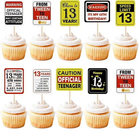 36pcs عيد ميلاد 13th Cupcake Toppers Heaits to 13 years teenager الرسمية من Tween إلى Teen Speed ​​Limit 13th عيد ميلاد Cupcake يختار الفتاة الحفلات الذكرى السنوية in Kuwait