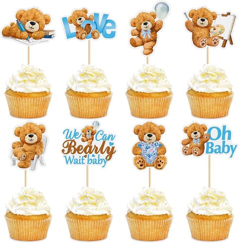 24 PCS Baby Bear Cupcake Toppers for Baby Shower - Jungle Animal Theme Decorative Supplies for Birthday Party Cake - Blue in Kuwait