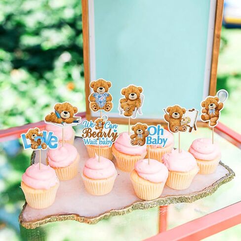 24 PCS Baby Bear Cupcake Toppers for Baby Shower - Jungle Animal Theme Decorative Supplies for Birthday Party Cake - Blue in Kuwait