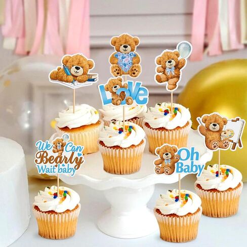 24 PCS Baby Bear Cupcake Toppers for Baby Shower - Jungle Animal Theme Decorative Supplies for Birthday Party Cake - Blue in Kuwait