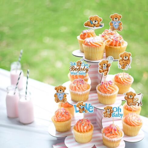 24 PCS Baby Bear Cupcake Toppers for Baby Shower - Jungle Animal Theme Decorative Supplies for Birthday Party Cake - Blue in Kuwait