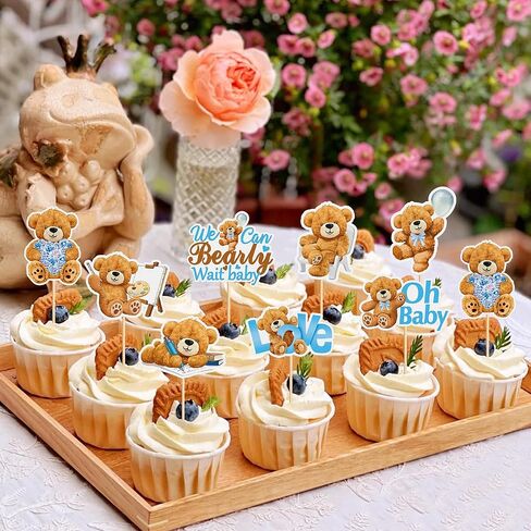 24 PCS Baby Bear Cupcake Toppers for Baby Shower - Jungle Animal Theme Decorative Supplies for Birthday Party Cake - Blue in Kuwait