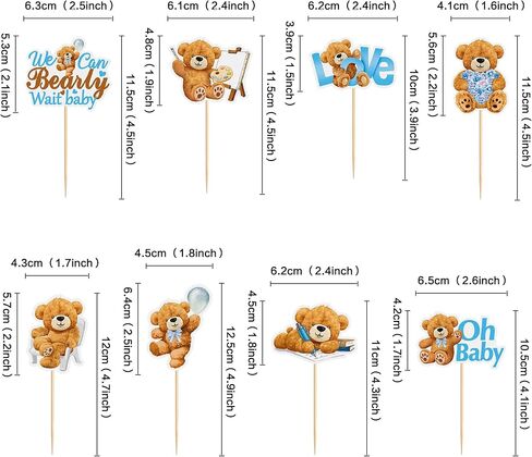 24 PCS Baby Bear Cupcake Toppers for Baby Shower - Jungle Animal Theme Decorative Supplies for Birthday Party Cake - Blue in Kuwait