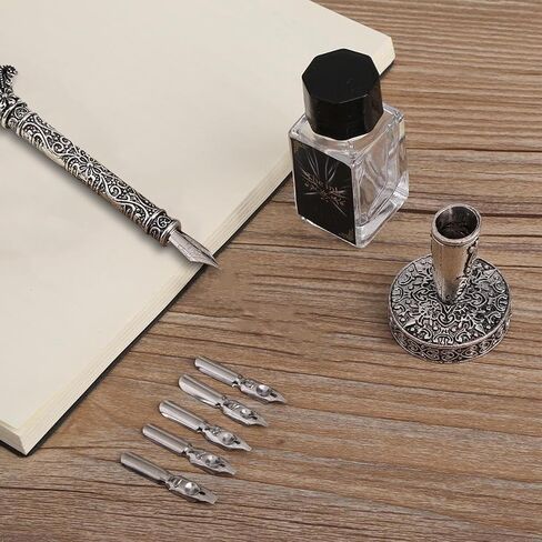 Retro Carving Feather Pen Set, Calligraphy Fountain Dip Quill Pen Set Antique Calligraphy Writing Dip Pen, Feather Pen Ink Set with 5 Replacement Nibs Pen Stand Base for Writing Christmas Gift (Grey) in Saudi Arabia