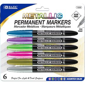 BAZIC Permanent Markers Metallic 6 Color, Fine Line Sparkle Glitter Coloring on Plastic Wood Metal Glass Stone for Greeting Card Party Art (6/Pack), 1-Pack