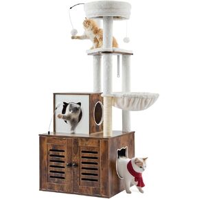 Vevor Large Cat Tree مع حاوية صندوق القمامة ، طوله 55.12 بوصة ، وبرج قط 2 في 1 ، وأثاث Cat متعدد المستويات مع العثمانية ، ووظائف الخدش السيسال ، والأرجوحة ، وبيت القطط الكبيرة للقطط الداخلية