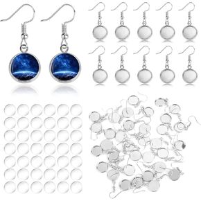 50Pcs Earrings Bezel Blanks Wire Hooks with 50Pcs Glass Cabochon Trays, Stainless Steel Round Blank Earrings Bezel Set， Pendant Blanks for Jewelry Making DIY Accessories