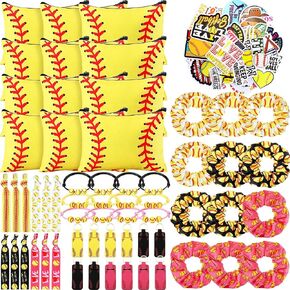 110 PCS Softball Party Favors Bulk Softball Gifts Bag تشمل علاقات الشعر Scrunchies Bracelets ملصقات شفاه الشفاه سلسلة المفاتيح للرياضة الرياضية الزخرفة