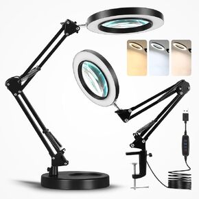 10X Magnifying Glass with Light and Stand and Clamp Desk LED Magnifying Lamp Large Hands-Free Magnifier with Light Hands Free, Mirror for Crafts jewellers Hobbies Adjustable Arm