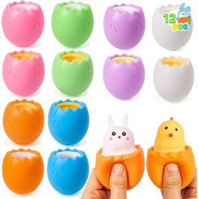 Joyin 12pcs Easter Eggs Eggs Squishy Toy Brunny Chicks ، والأرانب اللطيفة ، والكتاكيت الاختبارات في البيض المكسور ، وألعاب تخفيف الإجهاد من أجل عيد الفصح ، حشو سلة سلة ، جائزة الفصل الدراسي
