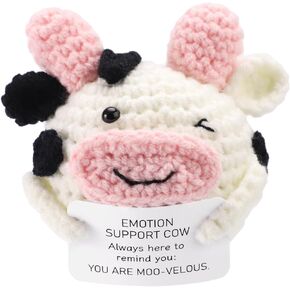 Positive Cow, Mini Cute Cotton Thread Positive Cow Crochet with Encouraging Card Knitted Stuffed Animal Doll Emotional Plush Support Potato Toy Gift for Family Friend Home Office Decor