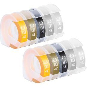 10 Pack Embossing Label Tape Compitable for Dymo Label Maker, 3/8 Inch 3D Placstic White on Black/Silver/Clear/Gold/Yellow, ompatible with Dymo Organizer Xpress 12965 12966