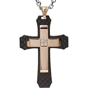 TwoBirch Carbon Fiber Dog Tag Cross with 18k Rose Gold Plated Metal and CZ Center on 24" Cable Chain