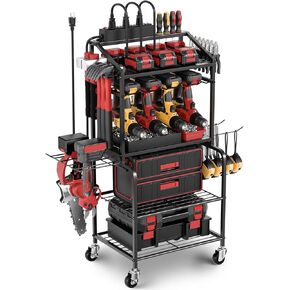 Power Tool Organizer Cart with Charging Station, Garage Floor Standing Rolling Drill and Tools Battery Storage Cart on Wheels, Rolling Tool Cart with 6 Outlet Power Strip