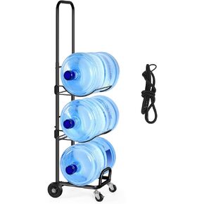 HEOMU 5 Gallon Water Jug Holder with Wheels, Heavy Duty 3-Tier Water Bottle Organizer with Elastic Rope, Adjustable Height Water Jug Storage Cart for Living Room Home Office Garage, Black