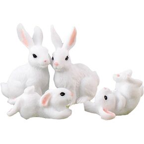 White Mini Resin Bunny Figurines Set - 4 Pack Resin Rabbit Statues for Indoor/Outdoor Decoration, Garden Tabletop Ornaments, Office Party Decor, Unique Gift Idea