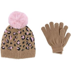 CTM® Girl's 7-14 Leopard Print Winter Pom Hat and Glove Set by Connex Gear