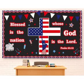 4th of July Bulletin Board Decoration Set Classroom Bulletin Board Borders Christian Jesus Cross Paper Cutouts Red Blue White Star Stripe Bulletin Boarder for Office School Classroom Decor