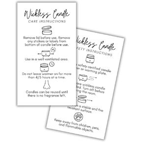 Wickless Candle Safety and Care Instruction Cards 50pk 2x3.5" for Warmers Flameless Client How to Use Scent Labels Tags Stickers for Bags Homemade Dried Herbs